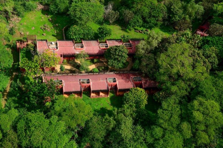 The two red-roofed wings of Amboseli Serena Safari Lodge seen from the air, among the trees