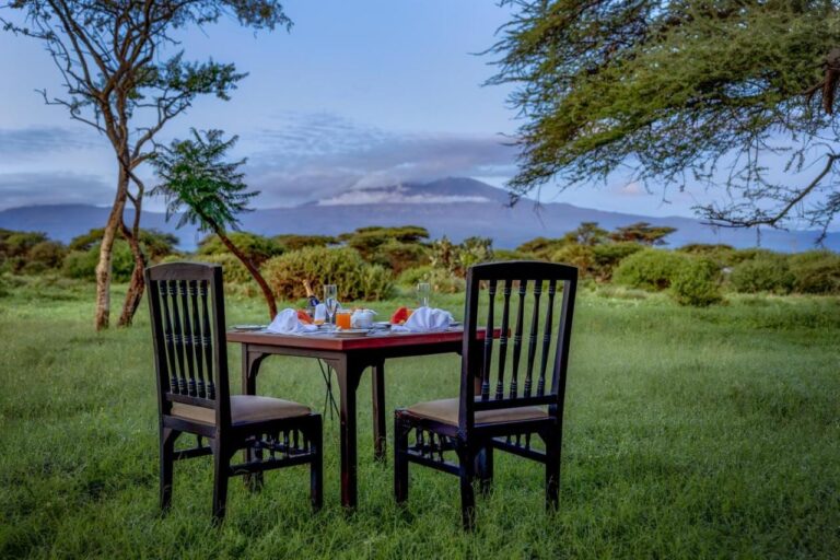 A table set for two on the grass, under the acacias, with Kilimanjaro in the distance