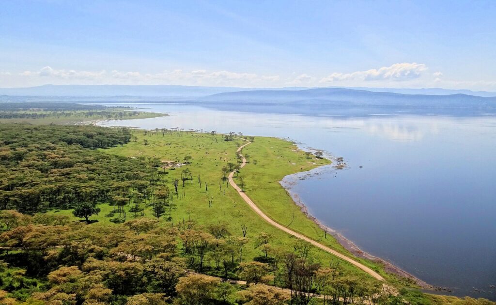 Looking down from Baboon Cliff onto the lakeshore, a track running along a green grassland dotted with animals, acacia woods and the lake stretching to the hills