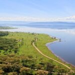 Looking down from Baboon Cliff onto the lakeshore, a track running along a green grassland dotted with animals, acacia woods and the lake stretching to the hills