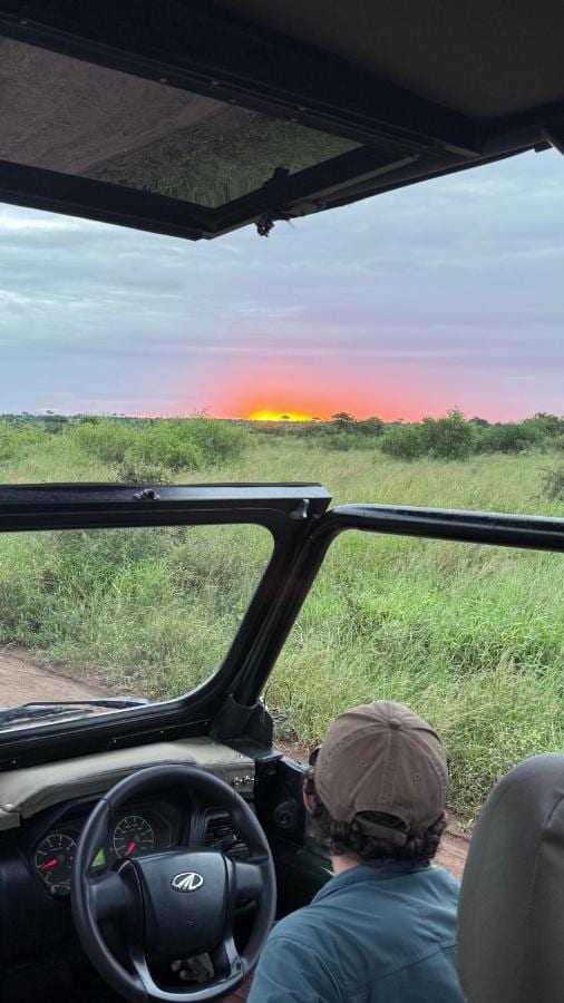 A red sun on the bush horizon, seen from an open safari vehicle