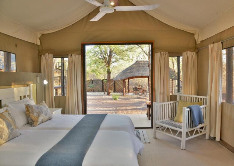 A room under canvas, with a double bed, a ceiling fan and a glass door opening onto a thatched shelter