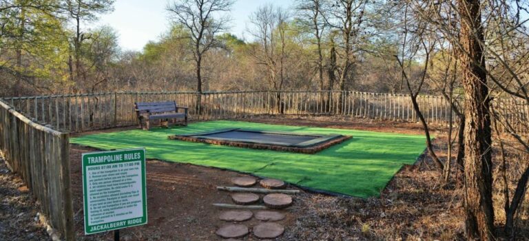 An in-ground trampoline on artificial turf, in a wooden enclosure, with its rules sign
