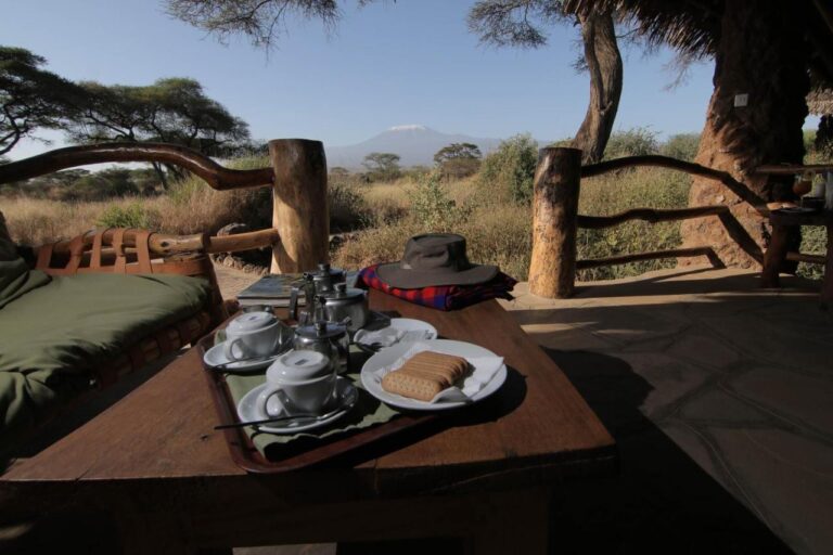 A tray of tea and cookies on a terrace, with a bush hat, and Kilimanjaro behind the acacias
