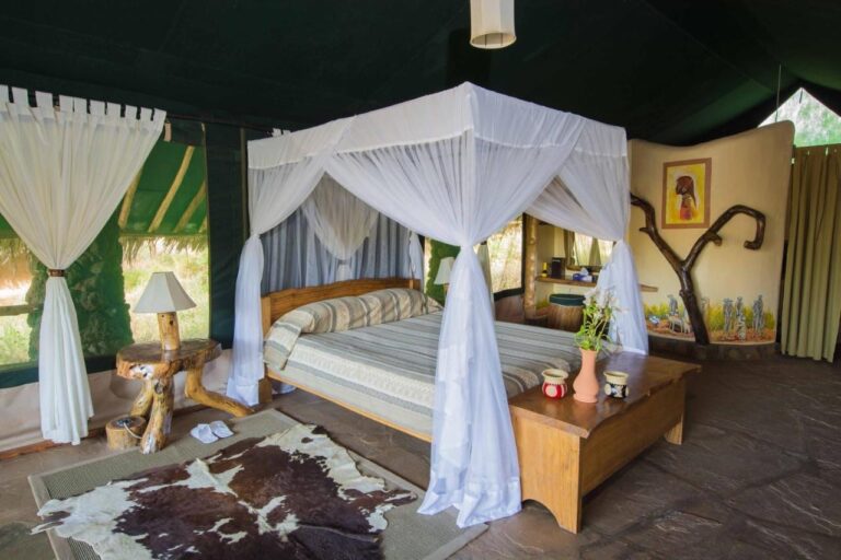 A tent with dark green canvas walls, a bed under a mosquito net, a chest and a cowhide on the floor