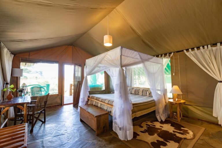 A tent with a bed under a mosquito net, a desk and a door open onto the terrace