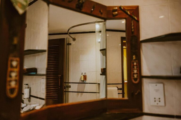 The glass shower of a bathroom, seen in a mirror with a carved wooden frame