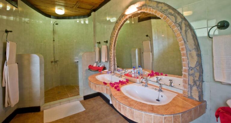 A bathroom with two basins strewn with petals and a shower behind a low wall