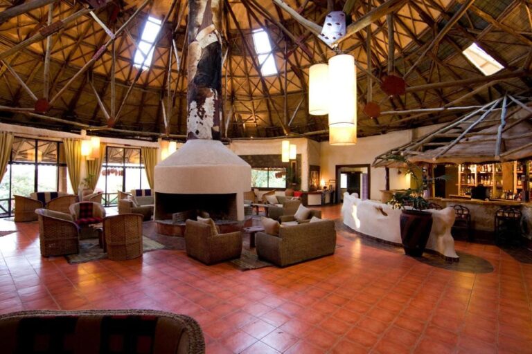 The lounge with its terracotta floor, the bar at the back on the right, under the round roof frame