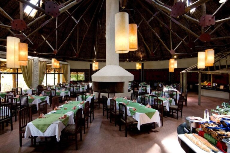 The restaurant around its central fireplace, with the buffet on the right