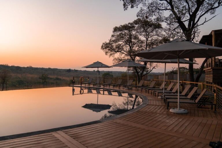 The infinity pool of Mdluli Safari Lodge under an orange sky, lined with sun loungers and parasols
