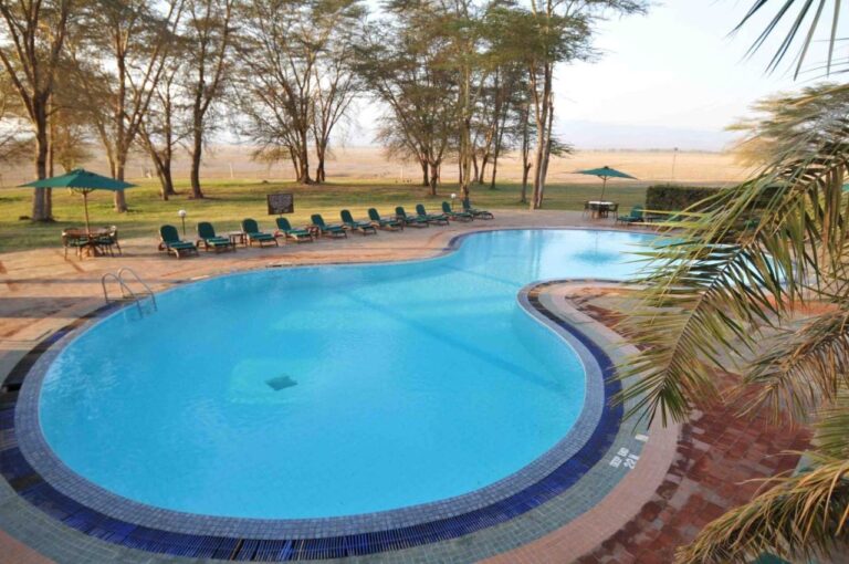 The pool surrounded by green sun loungers and umbrellas, in front of the acacias and the plain