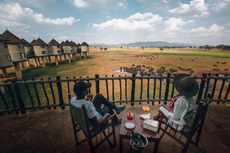 Two travelers having a drink on the terrace, facing the buffaloes at the waterhole and the towers on stilts