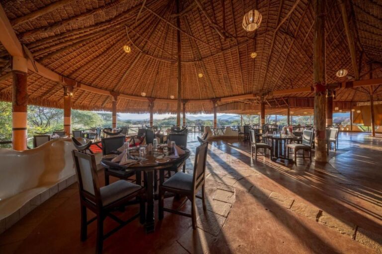 The restaurant under a huge thatched roof, open onto the acacias and the hills