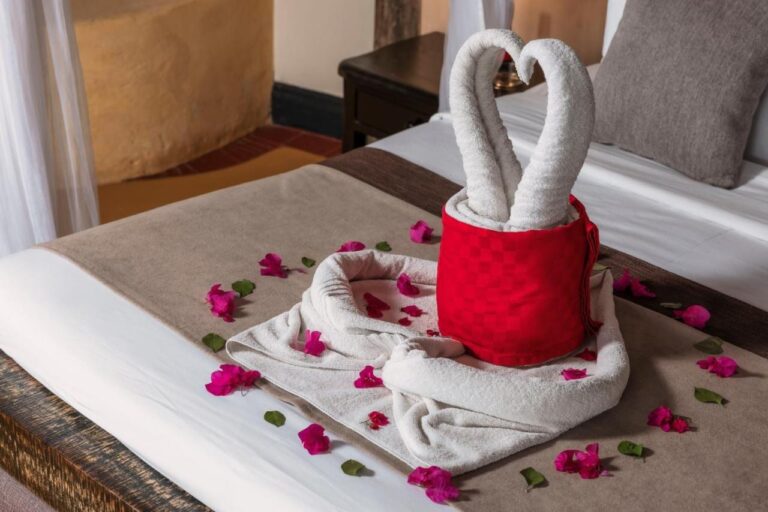 Two towel swans forming a heart on a bed strewn with fuchsia petals
