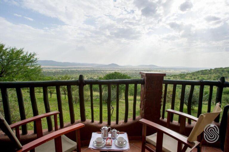 A tea tray on a balcony with a wooden railing, facing the green savanna and the hills