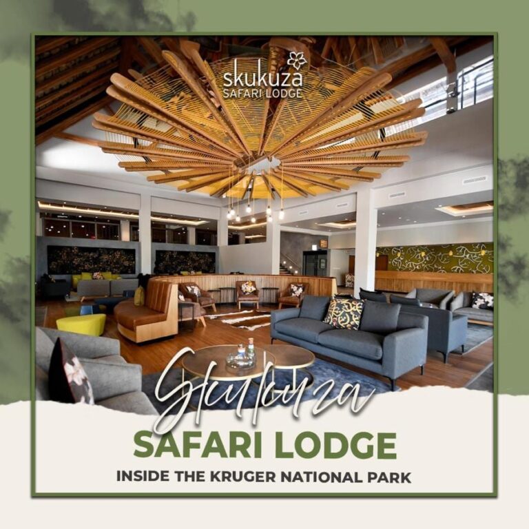 The lobby lounge of Skukuza Safari Lodge under its star-patterned wooden slat ceiling, with the lodge's name written across the image