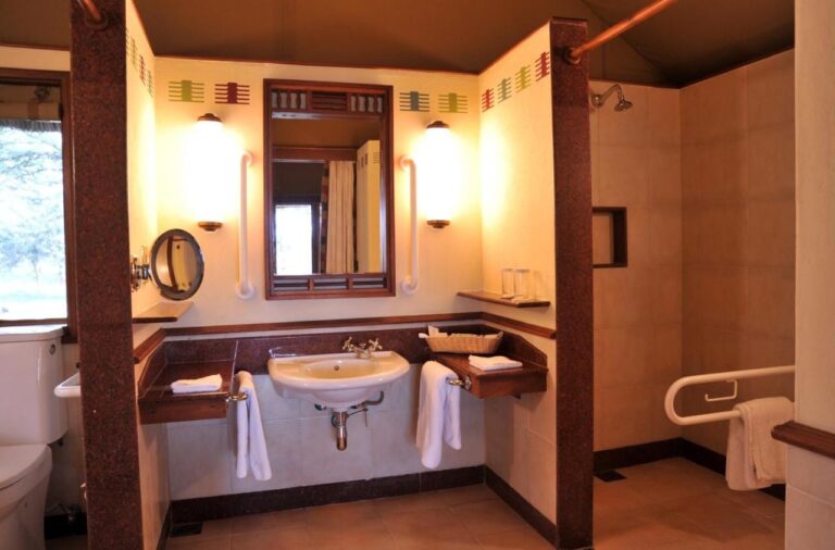 An accessible bathroom, with grab bars, a sink and a step-free shower