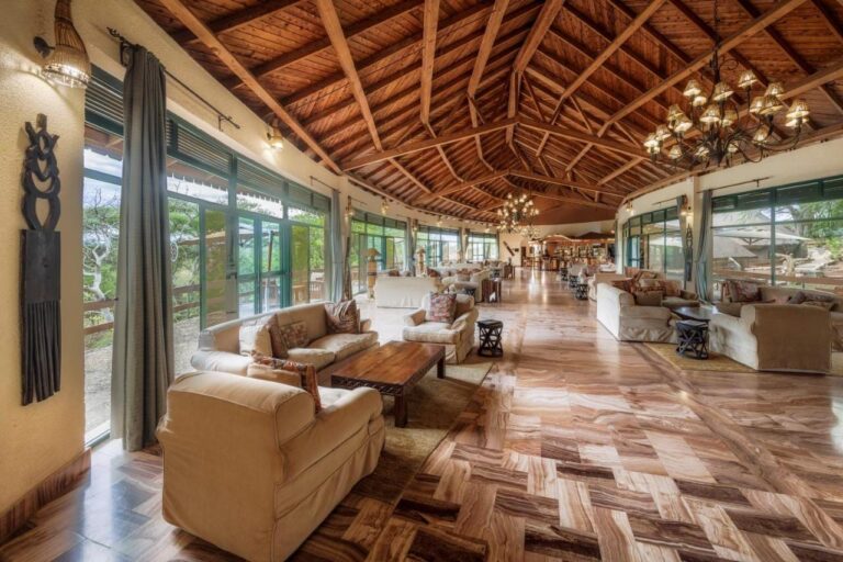 The lodge's large lounge, with its armchairs and picture windows under a wooden roof frame