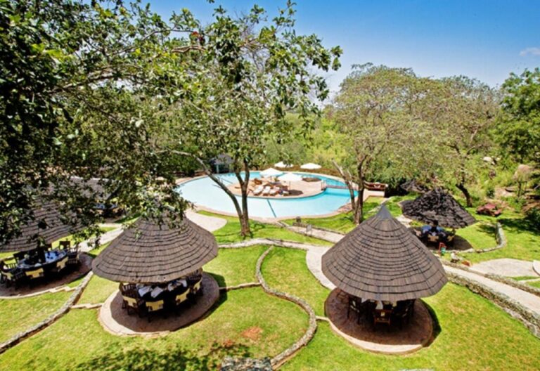 The thatched gazebos around the pool, under the trees