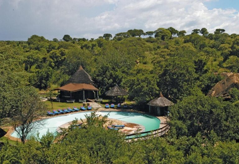 The pool at Tarangire Sopa Lodge seen from above, surrounded by bush