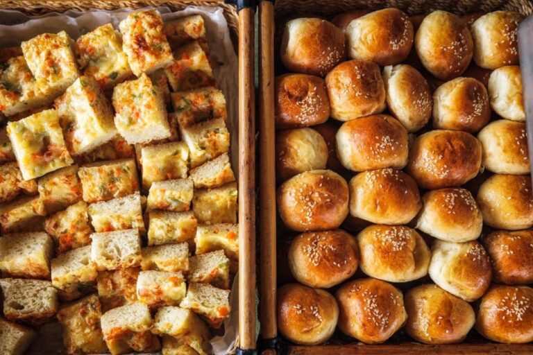 Bread rolls and toasted bread cubes fresh from the oven