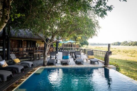 The pool at Umkumbe Safari Lodge and its wooden deck, above the grassy riverbank