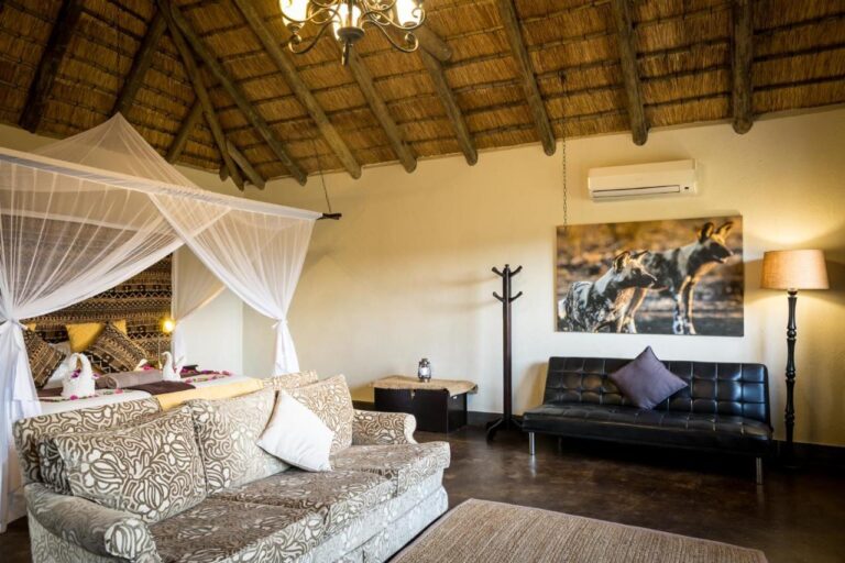 A room under a thatched roof, with a bed under a mosquito net, two sofas and a photo of African wild dogs on the wall
