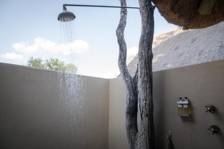 An open-air shower, between cream walls and a dead tree trunk, under the sky
